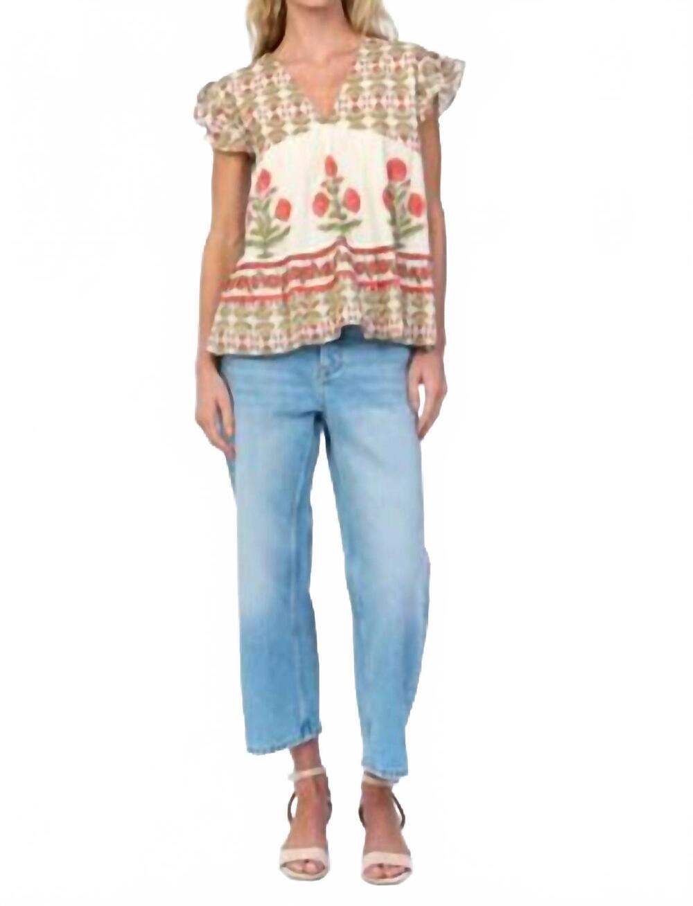 NEW TOLANI cal flora flutter sleeve top in beige